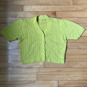 Faherty Lime Green crochet Knit Short Sleeve Wool Cashmere Cardigan Large